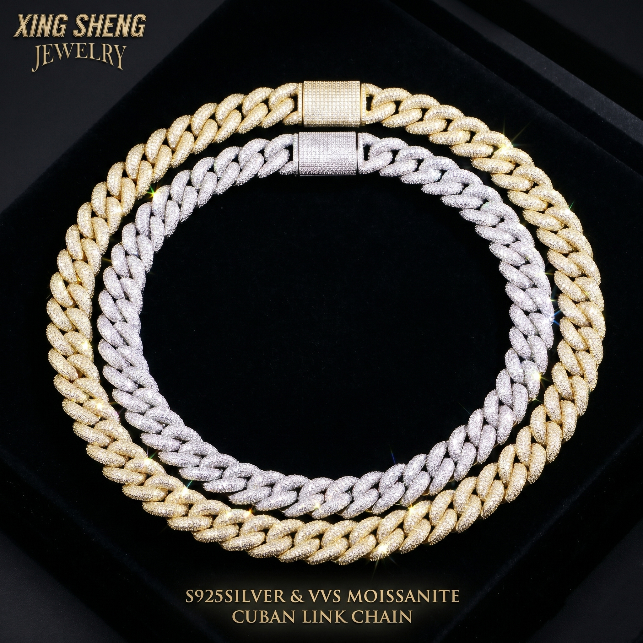 Top-down view of two 16mm D color VVS moissanite Cuban link chains in S925 sterling silver and yellow gold finish, displayed in a black premium jewelry box.