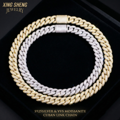 Top-down view of two 16mm D color VVS moissanite Cuban link chains in S925 sterling silver and yellow gold finish, displayed in a black premium jewelry box.