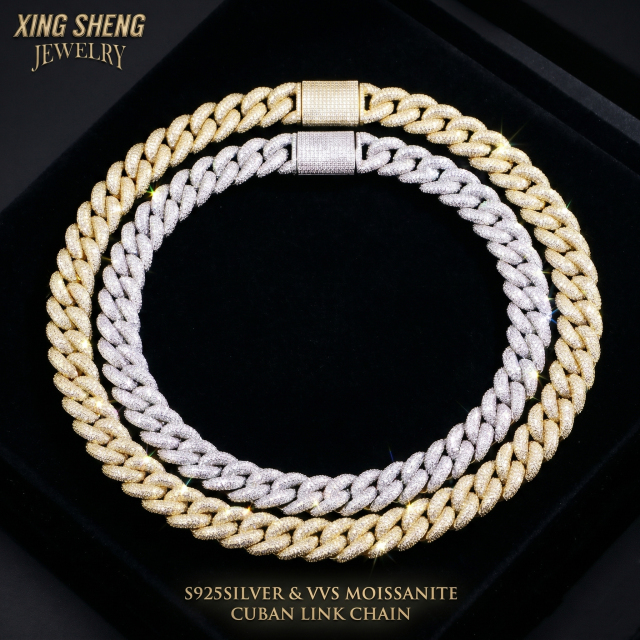 Top-down view of two 16mm D color VVS moissanite Cuban link chains in S925 sterling silver and yellow gold finish, displayed in a black premium jewelry box.