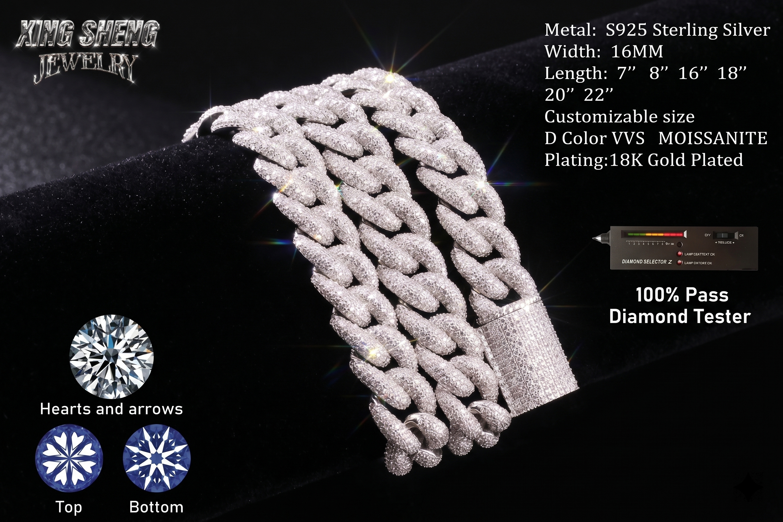 The 16mm S925 silver moissanite Cuban necklace coiled gracefully against a dark background, demonstrating the flawless Hearts and Arrows cut of the moissanite and a digital diamond tester displaying a 100% pass result.