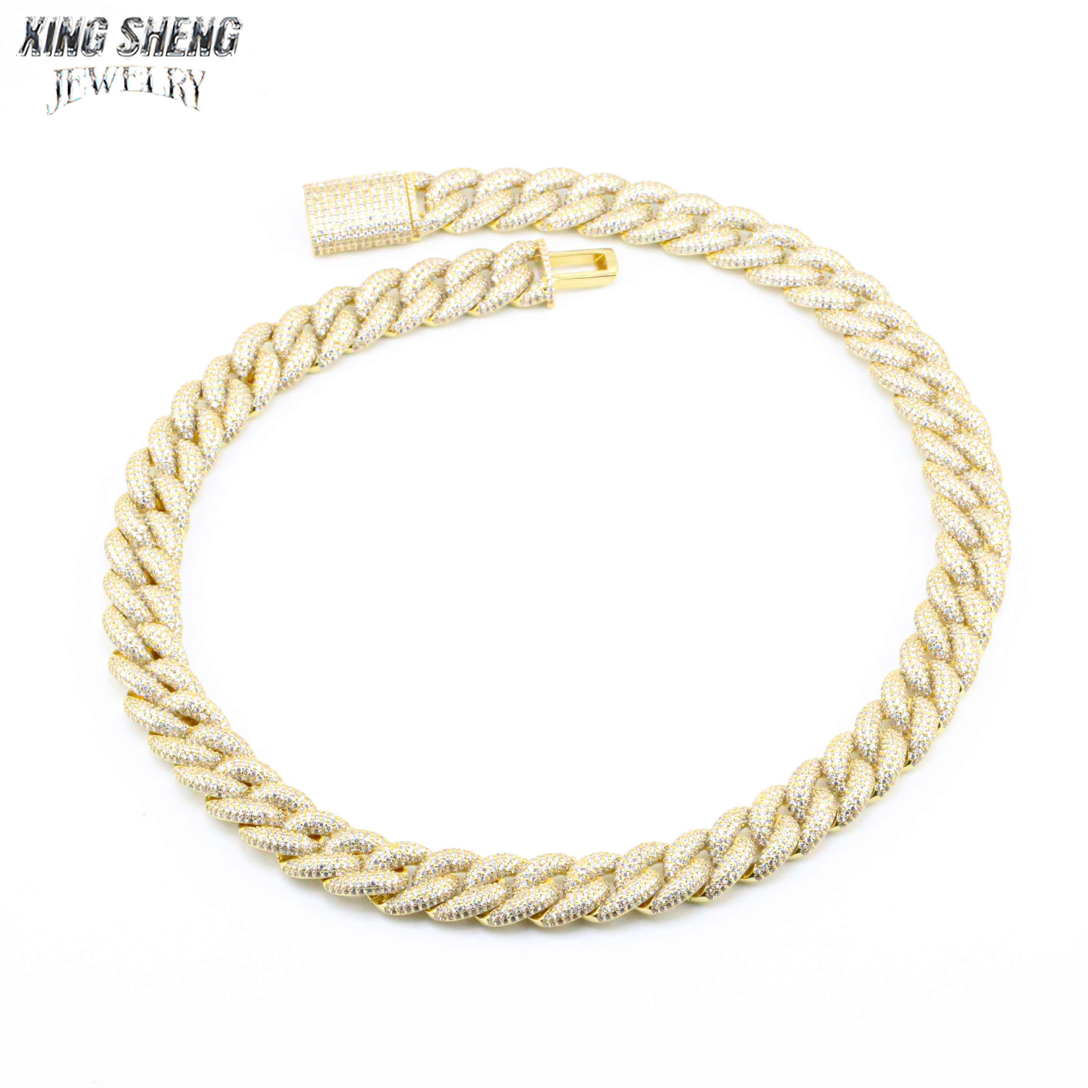 Full flat lay view of a 16mm D color VVS moissanite Cuban link necklace with a secure iced-out box clasp.
