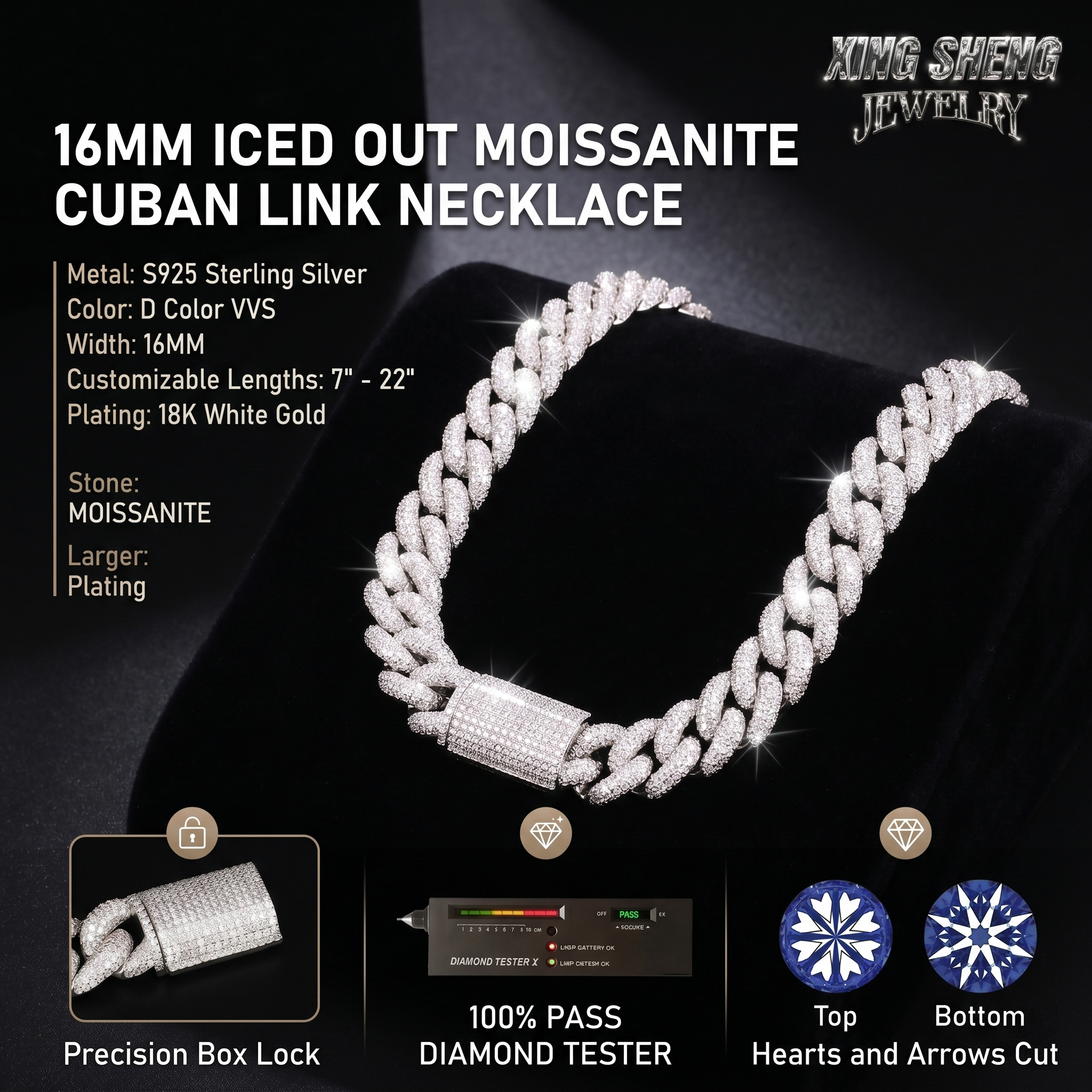 Detailed infographic showcasing the precision box lock of the 16mm moissanite Cuban chain, alongside verifiable proof of 100% passing diamond testers and the flawless Top and Bottom Hearts and Arrows moissanite cut.