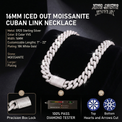 Detailed infographic showcasing the precision box lock of the 16mm moissanite Cuban chain, alongside verifiable proof of 100% passing diamond testers and the flawless Top and Bottom Hearts and Arrows moissanite cut.