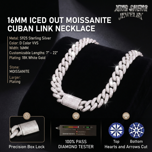 Detailed infographic showcasing the precision box lock of the 16mm moissanite Cuban chain, alongside verifiable proof of 100% passing diamond testers and the flawless Top and Bottom Hearts and Arrows moissanite cut.