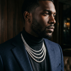 Sophisticated male model in a dark suit wearing four stacked moissanite tennis chains, highlighting the luxurious impact of excellent cut 6A gemstones.