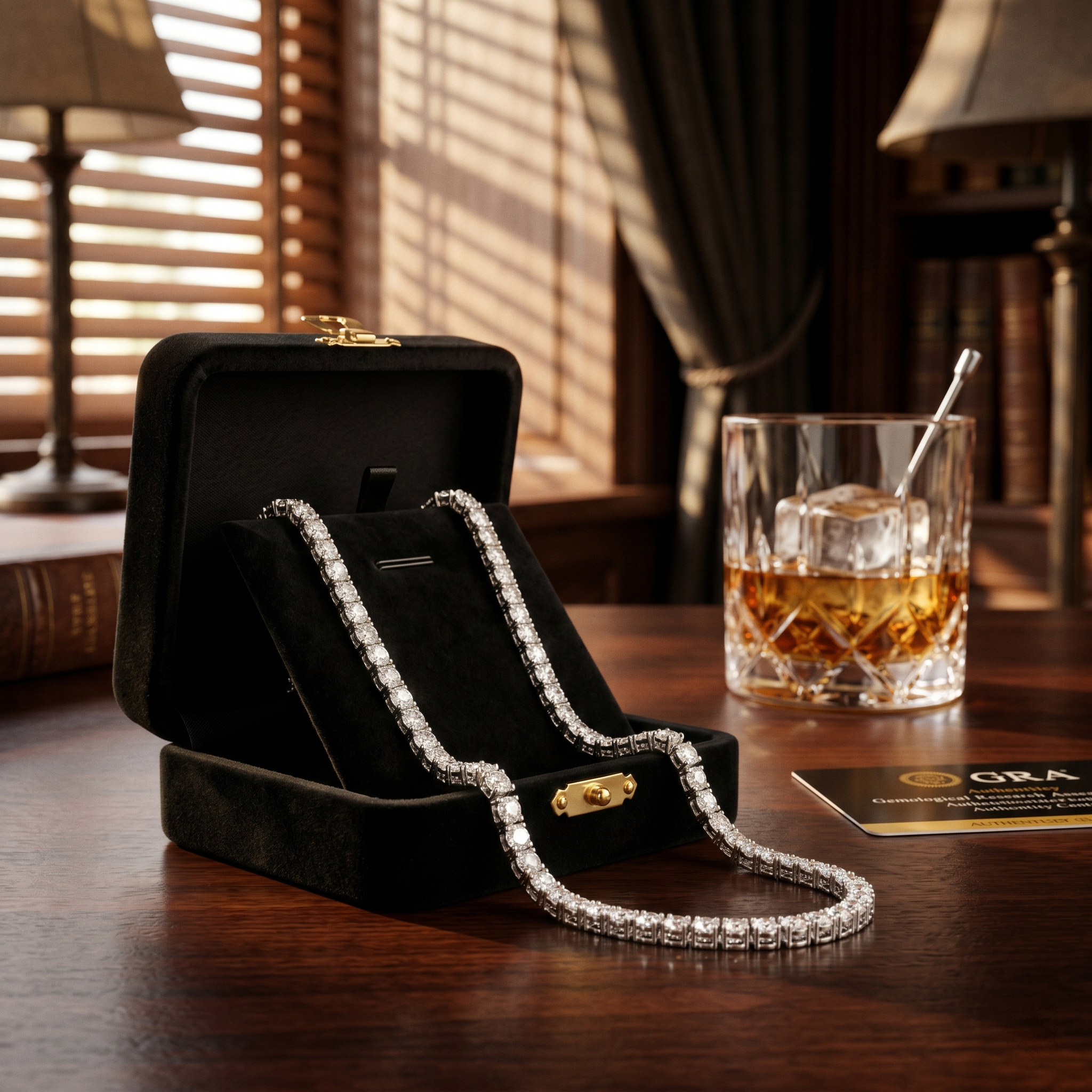 An opulent lifestyle setting featuring a pristine 6A moissanite tennis chain resting in a luxury black jewelry box next to a crystal glass of whisky.