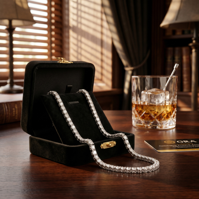 An opulent lifestyle setting featuring a pristine 6A moissanite tennis chain resting in a luxury black jewelry box next to a crystal glass of whisky.