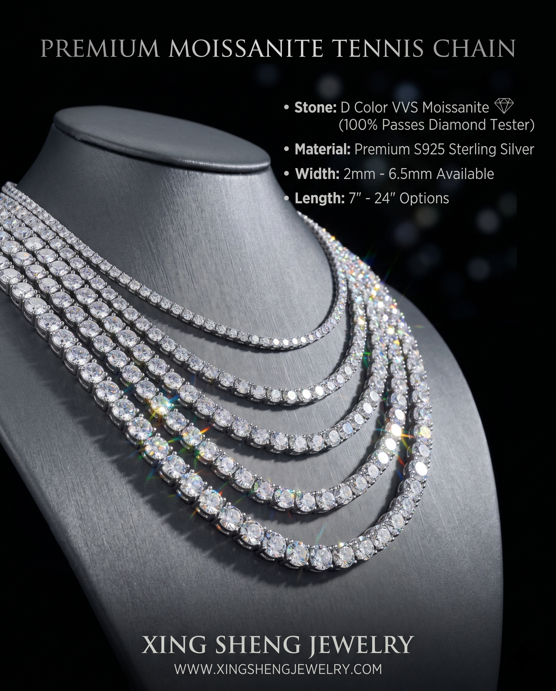 Complete thickness guide for premium moissanite tennis chains on a display bust, illustrating the progression from delicate 2mm strands to bold 6.5mm statement pieces.