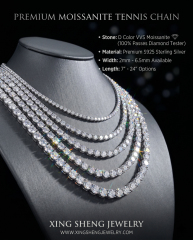 Complete thickness guide for premium moissanite tennis chains on a display bust, illustrating the progression from delicate 2mm strands to bold 6.5mm statement pieces.