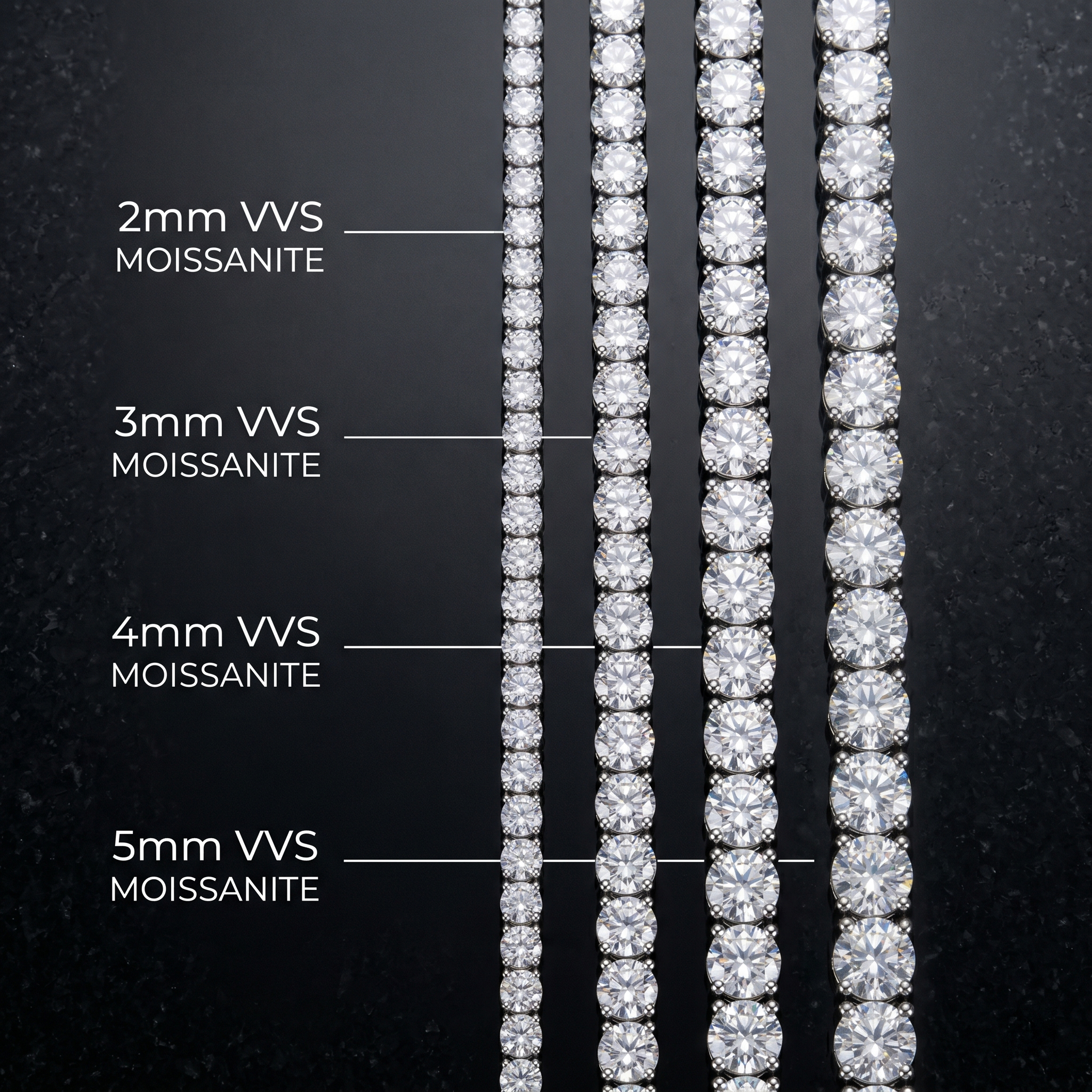 Size comparison guide for round cut moissanite tennis chains, clearly displaying 2mm, 3mm, 4mm, and 5mm widths featuring VVS clarity gemstones.