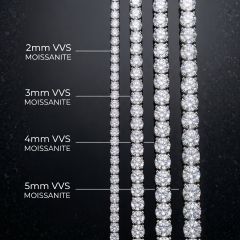 Size comparison guide for round cut moissanite tennis chains, clearly displaying 2mm, 3mm, 4mm, and 5mm widths featuring VVS clarity gemstones.