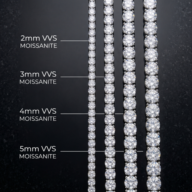 Size comparison guide for round cut moissanite tennis chains, clearly displaying 2mm, 3mm, 4mm, and 5mm widths featuring VVS clarity gemstones.