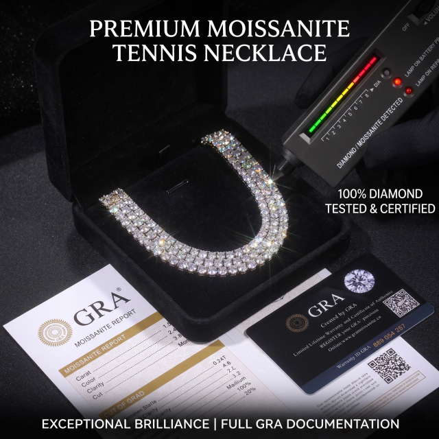 Luxury unboxing experience showing a premium moissanite tennis necklace in a velvet box with full GRA documentation, proving it successfully passes a diamond tester.