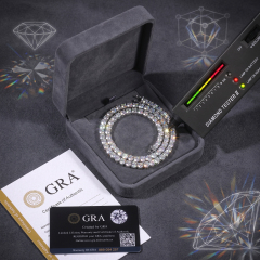 Rhodium-plated S925 sterling silver moissanite tennis bracelet inside a grey presentation box, accompanied by a GRA certificate of authentic lab-grown stones.
