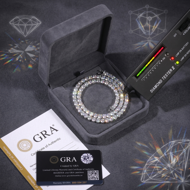 Rhodium-plated S925 sterling silver moissanite tennis bracelet inside a grey presentation box, accompanied by a GRA certificate of authentic lab-grown stones.
