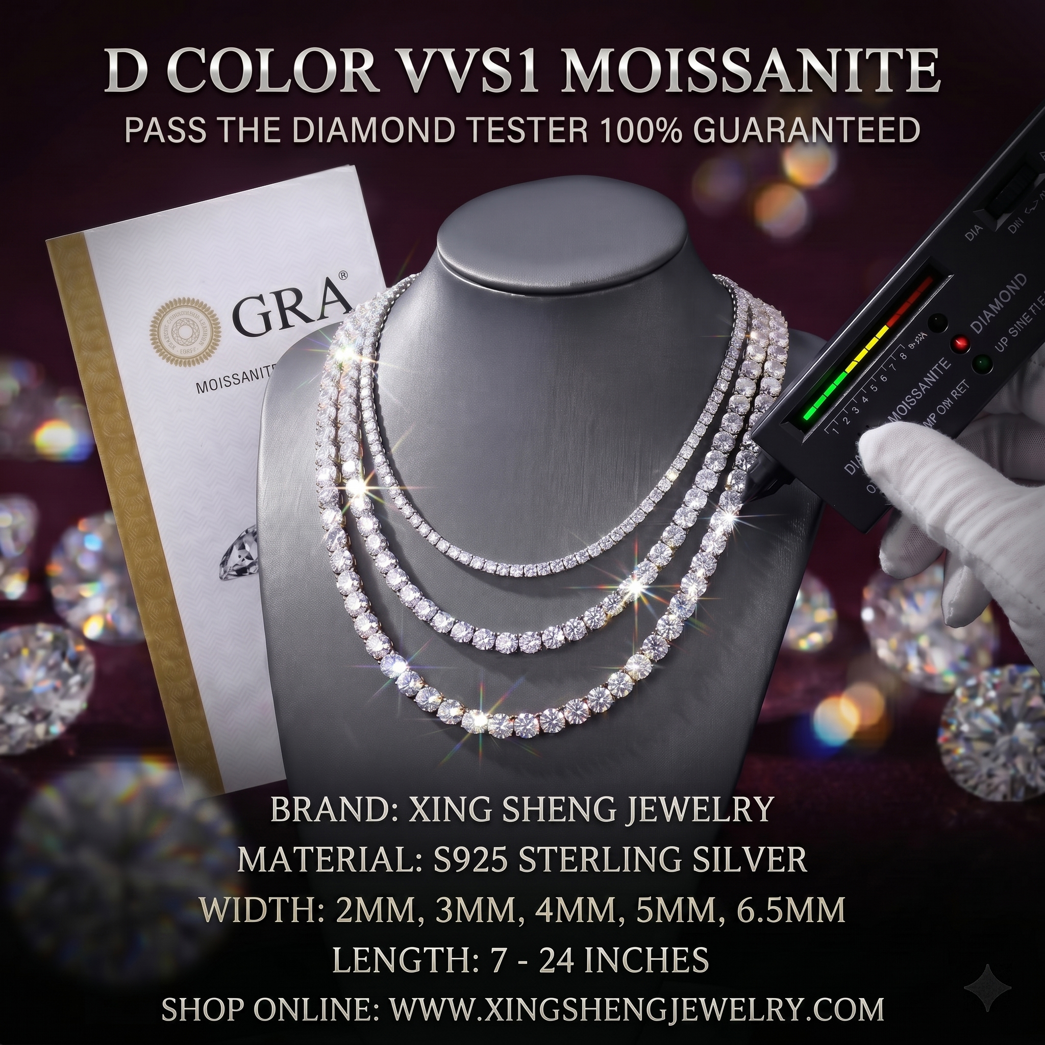 Three D-color VVS1 moissanite tennis chains in S925 sterling silver by Xing Sheng Jewelry passing a thermal diamond tester, displayed next to a GRA certificate.