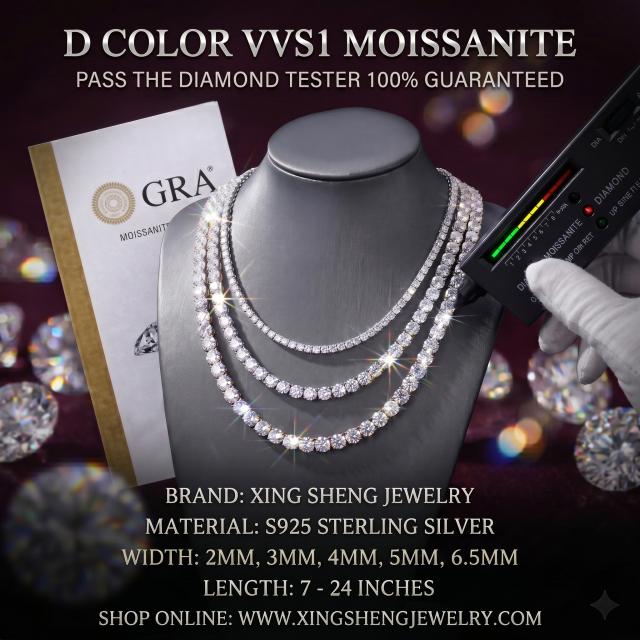 Three D-color VVS1 moissanite tennis chains in S925 sterling silver by Xing Sheng Jewelry passing a thermal diamond tester, displayed next to a GRA certificate.
