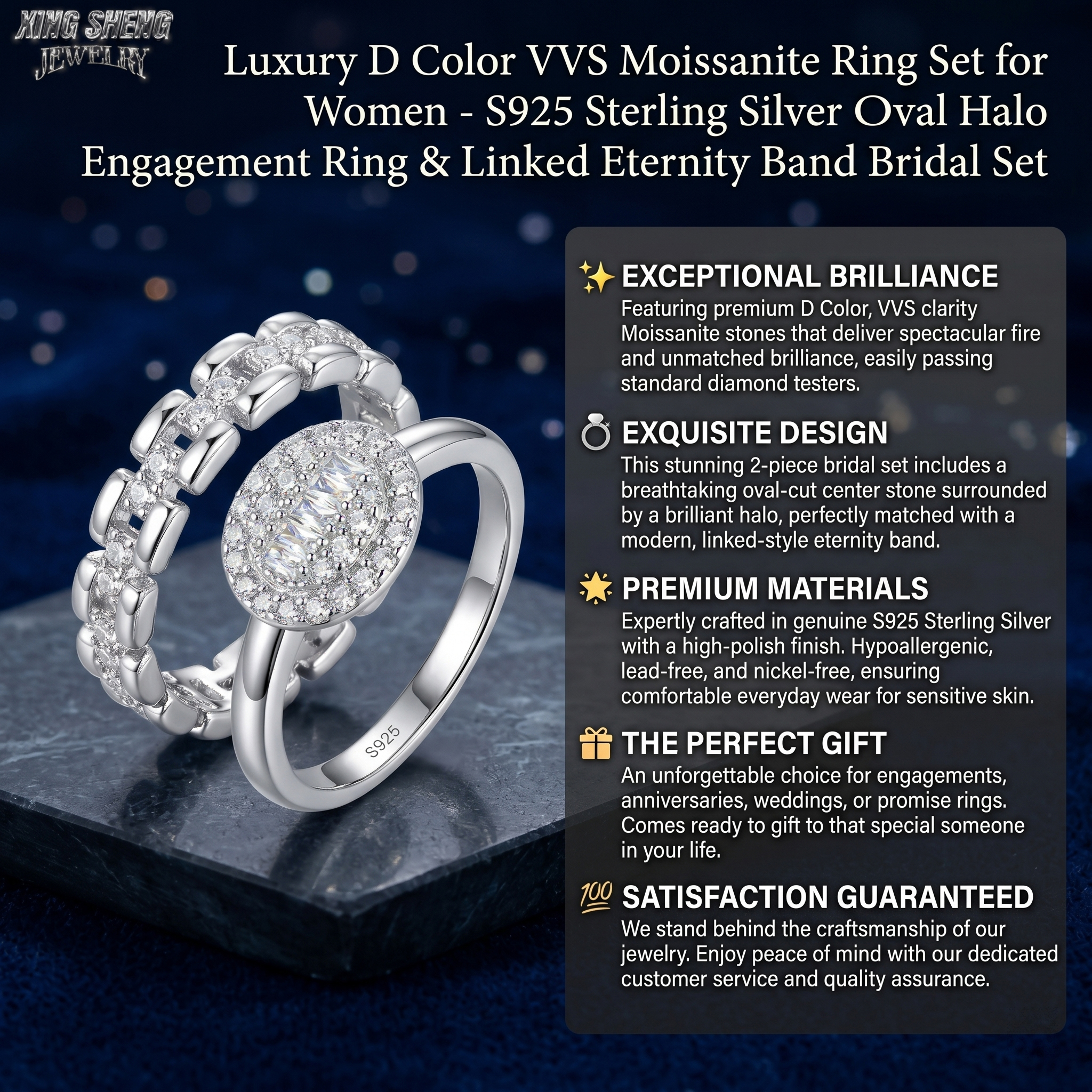 Luxury D color VVS moissanite ring set featuring an oval halo engagement ring and a modern linked eternity band.