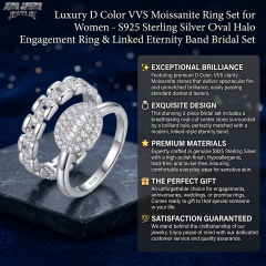Luxury D color VVS moissanite ring set featuring an oval halo engagement ring and a modern linked eternity band.