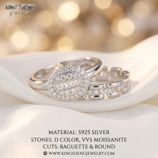 S925 silver baguette and round cut moissanite rings resting gracefully on soft white silk with warm bokeh.