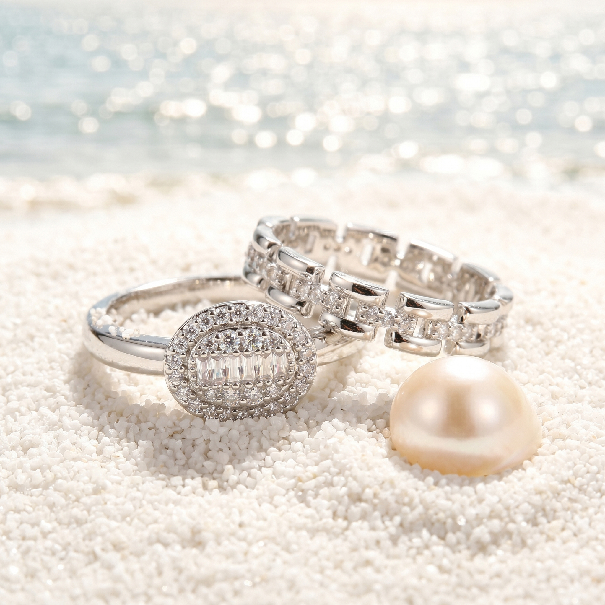 S925 sterling silver moissanite wedding band and engagement ring set displayed on white beach sand next to a pearl.
