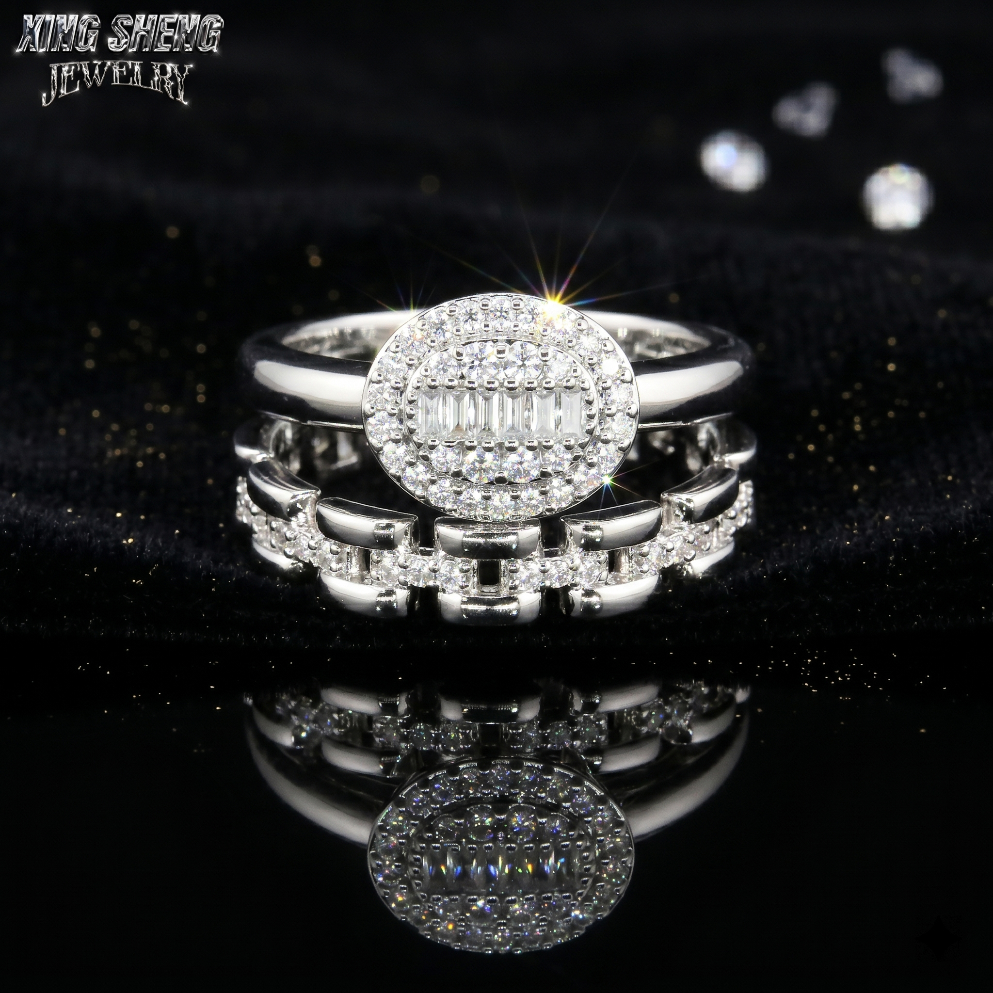 High brilliance straight baguette and round cut moissanite bridal set glowing on dark black velvet fabric.