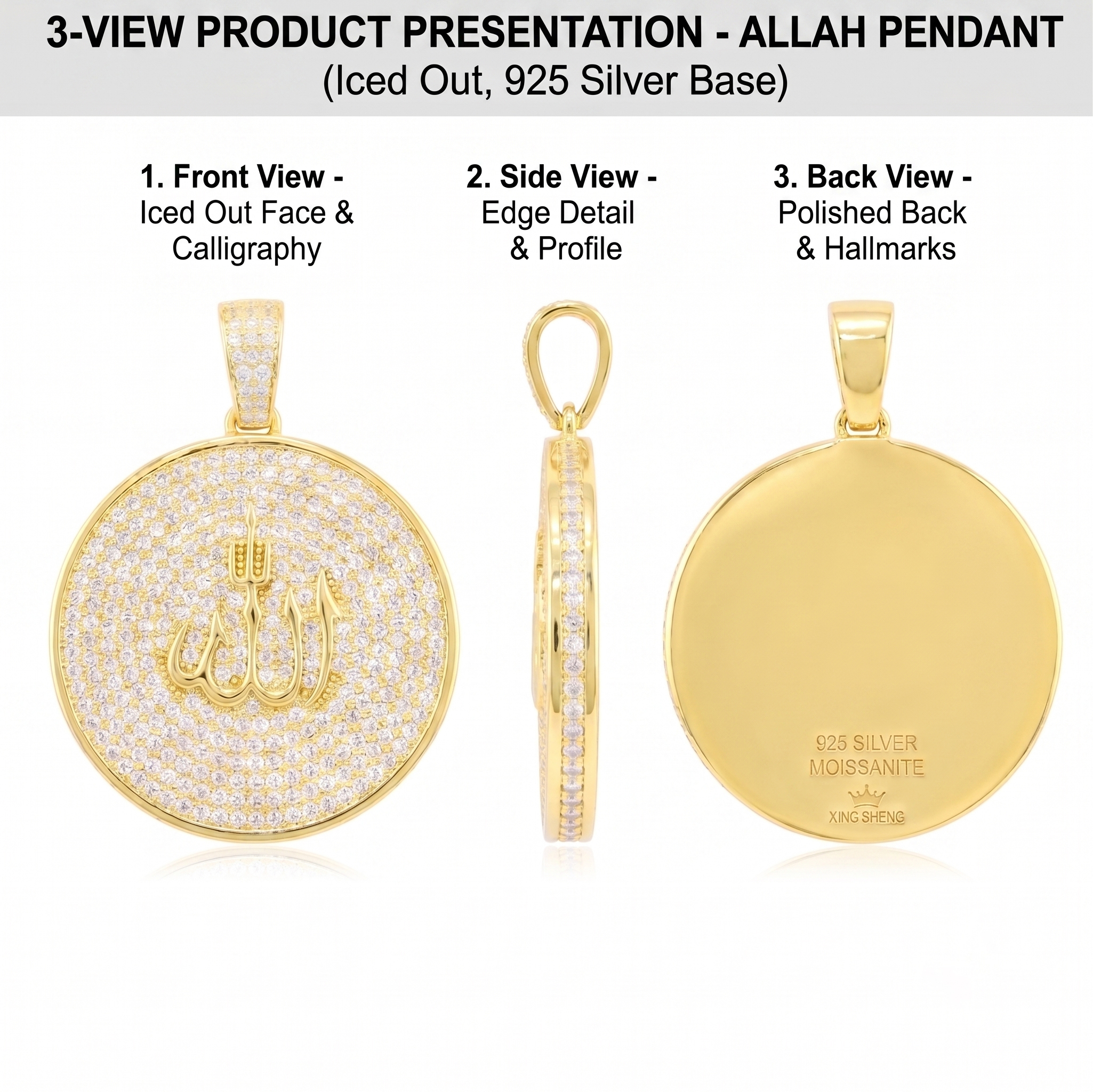 3-view presentation of the Allah pendant showing the front, thick edge detail, and highly polished solid back with the 925 silver moissanite factory hallmark.
