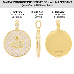 3-view presentation of the Allah pendant showing the front, thick edge detail, and highly polished solid back with the 925 silver moissanite factory hallmark.