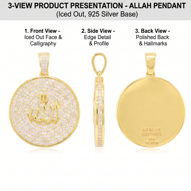 3-view presentation of the Allah pendant showing the front, thick edge detail, and highly polished solid back with the 925 silver moissanite factory hallmark.