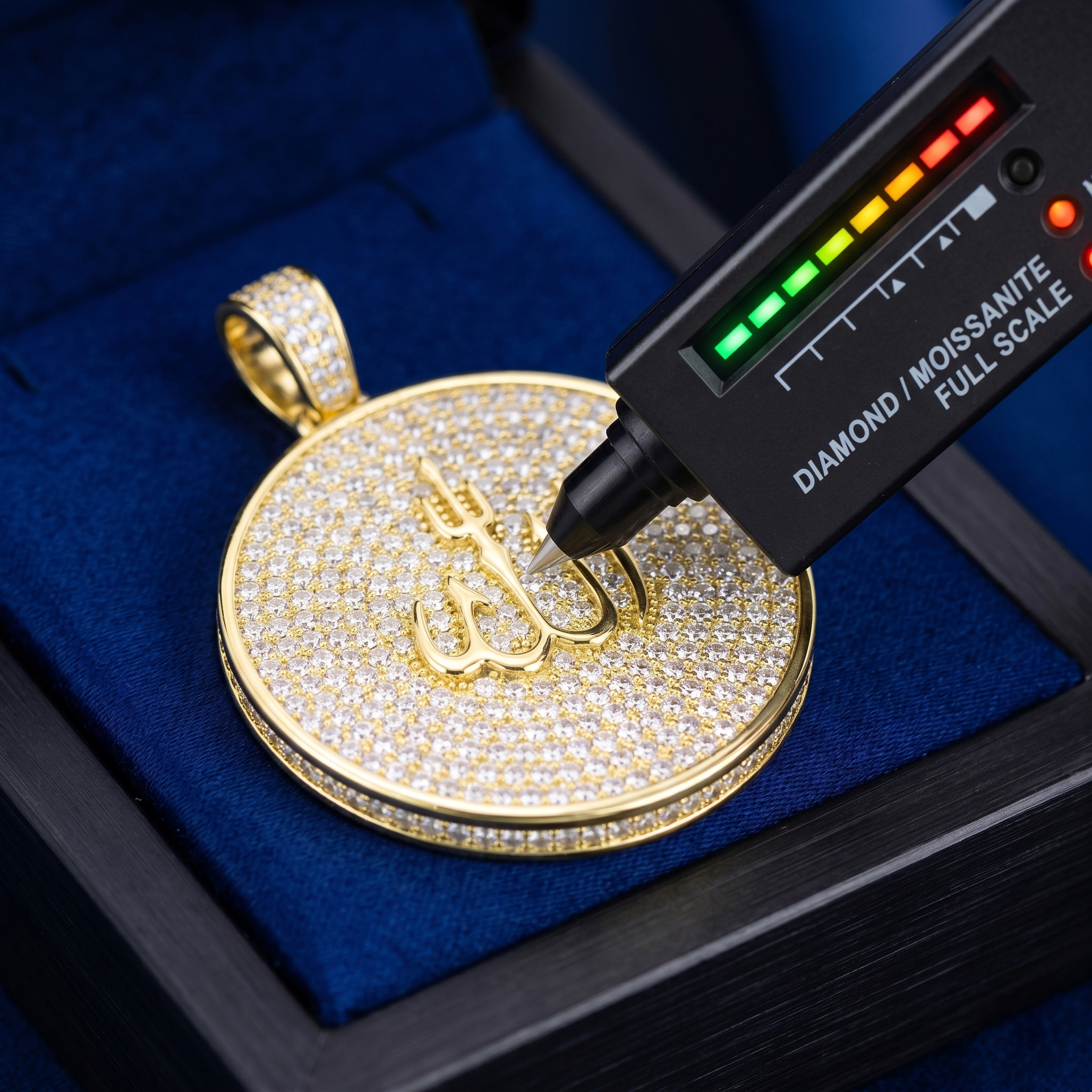 A genuine moissanite Allah pendant successfully passing a thermal diamond tester pen, displaying a full red light scale to prove its authentic silicon carbide composition.