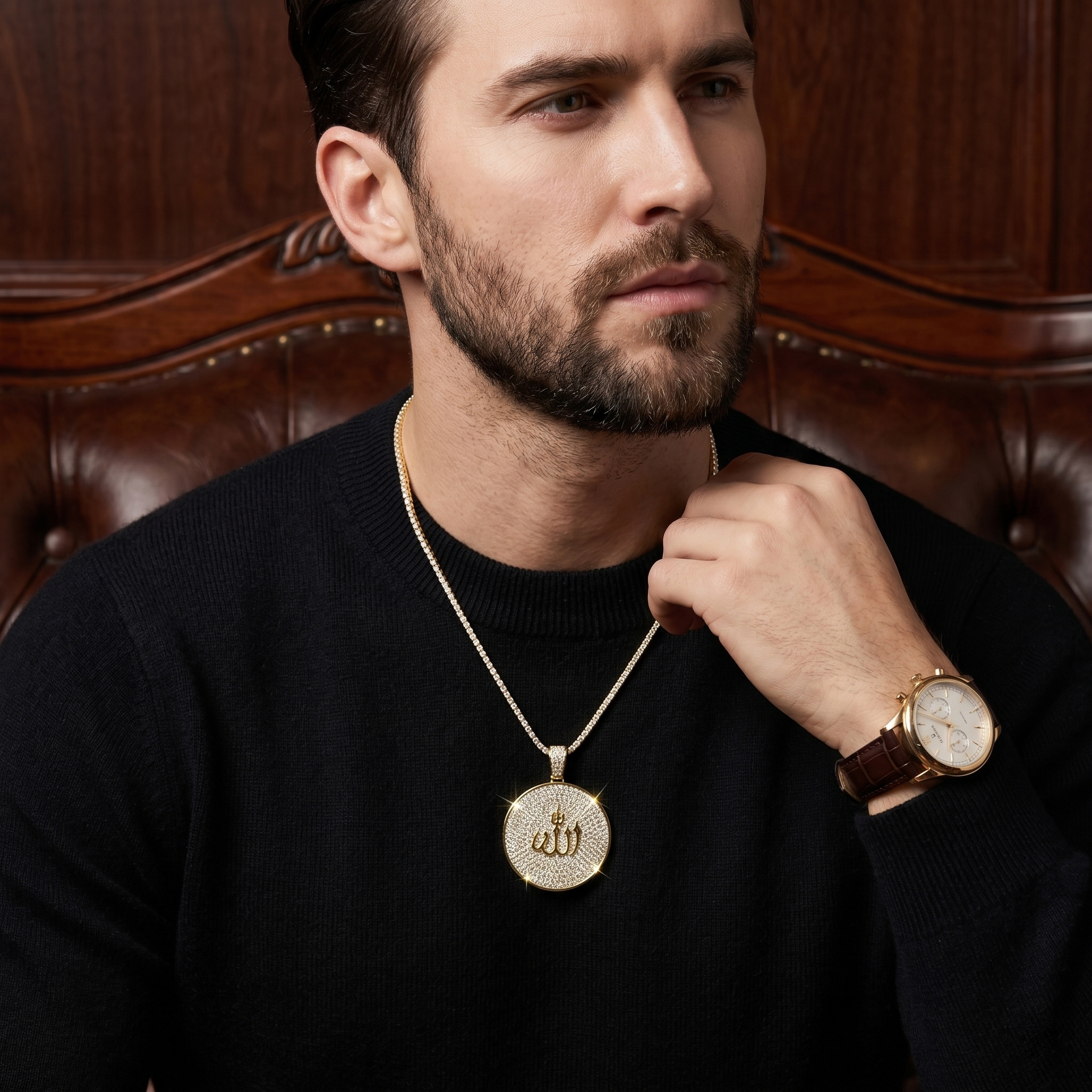 Male fashion model in a black sweater wearing the large moissanite Allah pendant on a tennis chain, illustrating the perfect size for luxury hip hop jewelry.