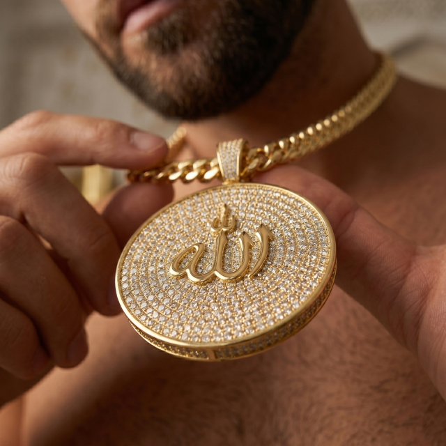 Close up of a male model wearing an 18K yellow gold plated iced out Allah moissanite pendant on a thick Cuban link chain, showcasing high-end religious streetwear jewelry.