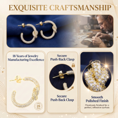 Exquisite jewelry craftsmanship showcasing 18 years of manufacturing excellence, highlighting a secure push-back clasp and smooth polished finish on moissanite earrings.