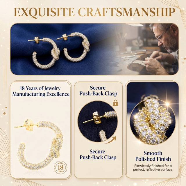 Exquisite jewelry craftsmanship showcasing 18 years of manufacturing excellence, highlighting a secure push-back clasp and smooth polished finish on moissanite earrings.