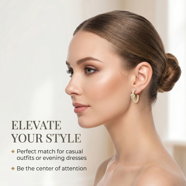 An elegant woman wearing moissanite love knot earrings, demonstrating how they elevate your style for both casual outfits and evening dresses.