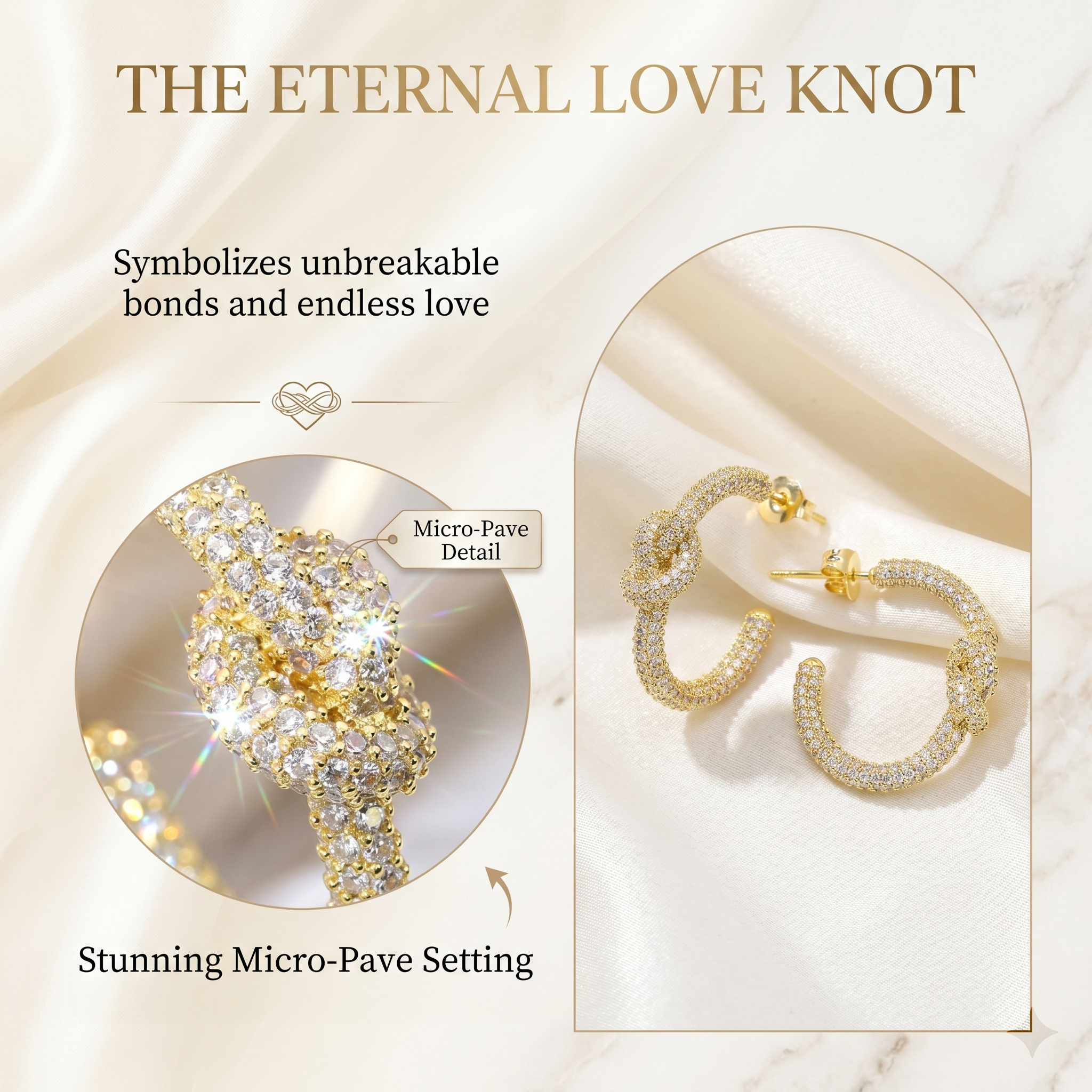 The eternal love knot moissanite earrings symbolizing unbreakable bonds, featuring stunning micro-pave detail and brilliant stone settings.