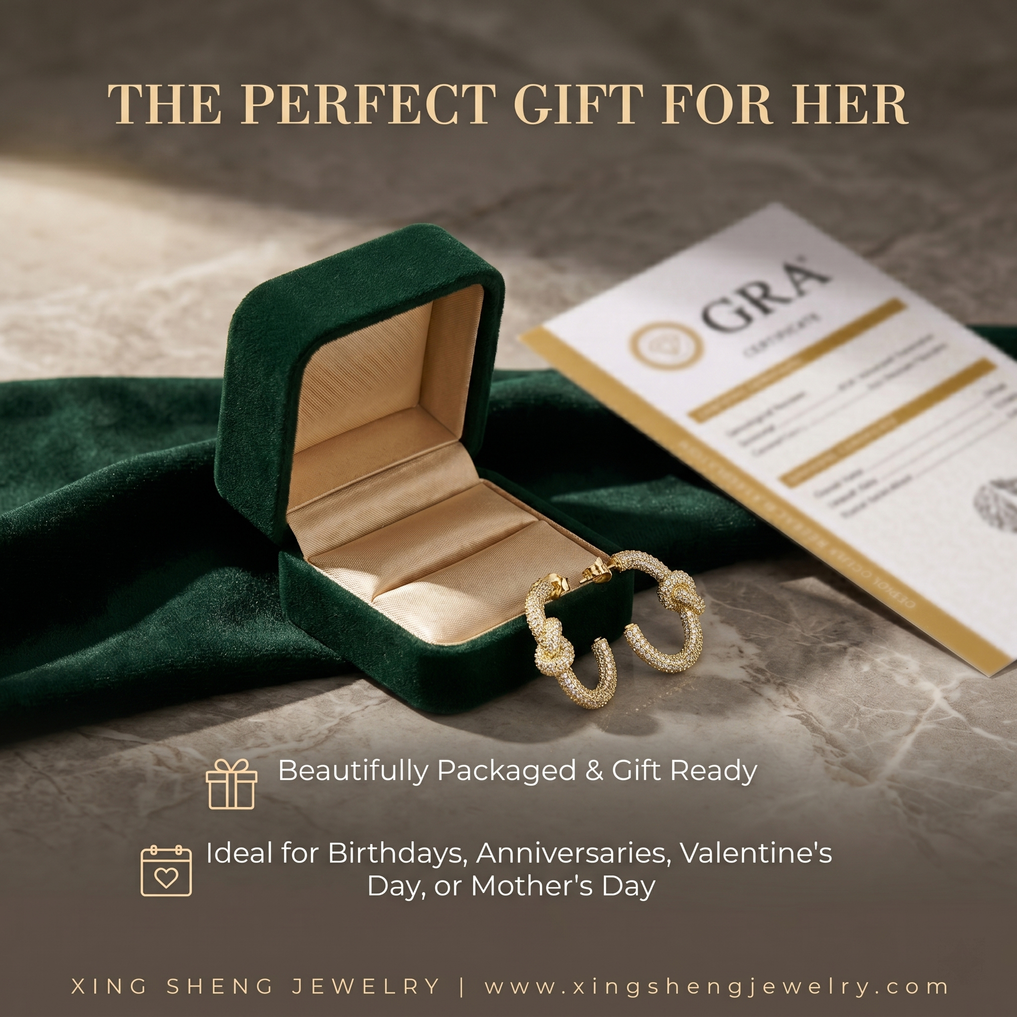 The perfect gift for her, featuring moissanite love knot earrings in a premium green velvet box, ideal for birthdays, anniversaries, or Valentine's Day.