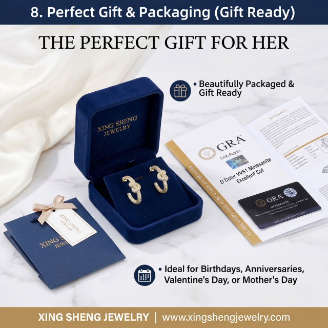 Beautifully packaged moissanite earrings in a luxury blue velvet box, ready for gifting with an official GRA certificate of authenticity.