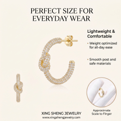Perfect size moissanite stud earrings for everyday wear, designed to be lightweight and comfortable with an approximate scale to finger reference.