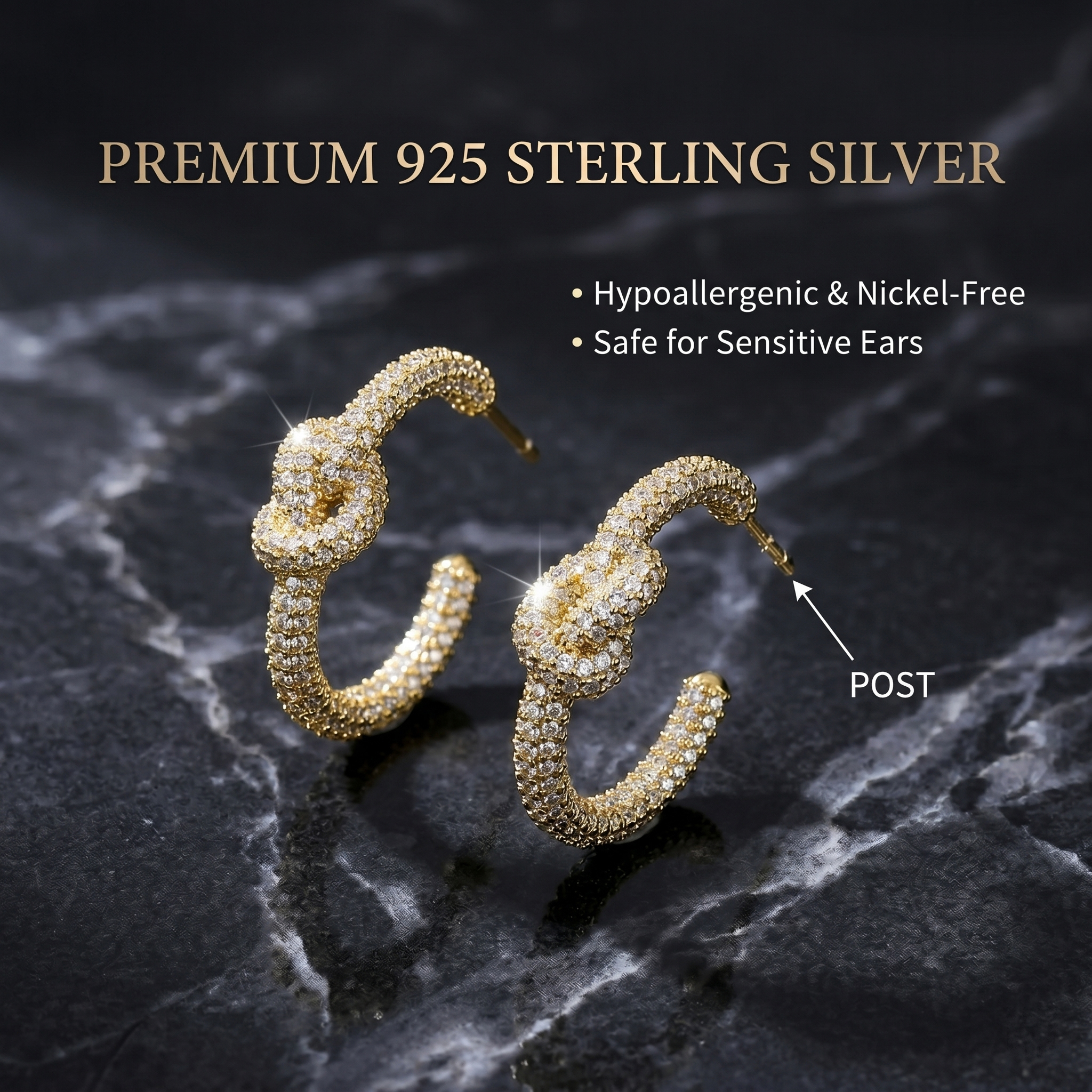 A pair of premium 925 sterling silver moissanite love knot stud earrings featuring hypoallergenic and nickel-free posts safe for sensitive ears.