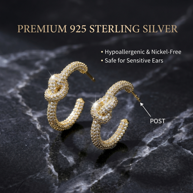 A pair of premium 925 sterling silver moissanite love knot stud earrings featuring hypoallergenic and nickel-free posts safe for sensitive ears.