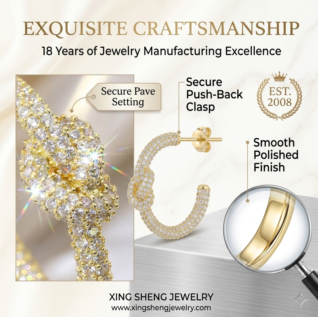 Macro view of secure pave setting on moissanite earrings, manufactured by a trusted jewelry factory established in 2008 with a smooth polished finish.