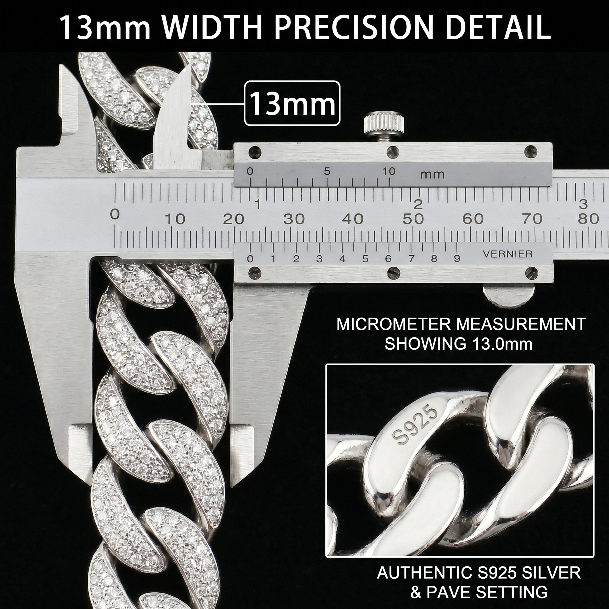 Precision caliper measurement confirming the exact 13.0mm width of the iced out Cuban link chain, with a macro inset showing the authentic S925 sterling silver hallmark.
