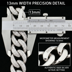 Precision caliper measurement confirming the exact 13.0mm width of the iced out Cuban link chain, with a macro inset showing the authentic S925 sterling silver hallmark.