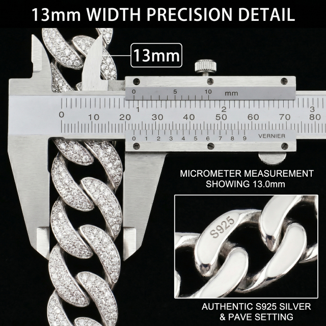 Precision caliper measurement confirming the exact 13.0mm width of the iced out Cuban link chain, with a macro inset showing the authentic S925 sterling silver hallmark.