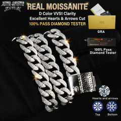 Display of the GRA certified 13mm moissanite Cuban chain alongside the certification card, demonstrating the excellent hearts and arrows cut and 100% diamond tester pass rate.