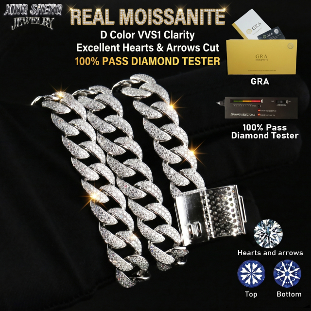 Display of the GRA certified 13mm moissanite Cuban chain alongside the certification card, demonstrating the excellent hearts and arrows cut and 100% diamond tester pass rate.