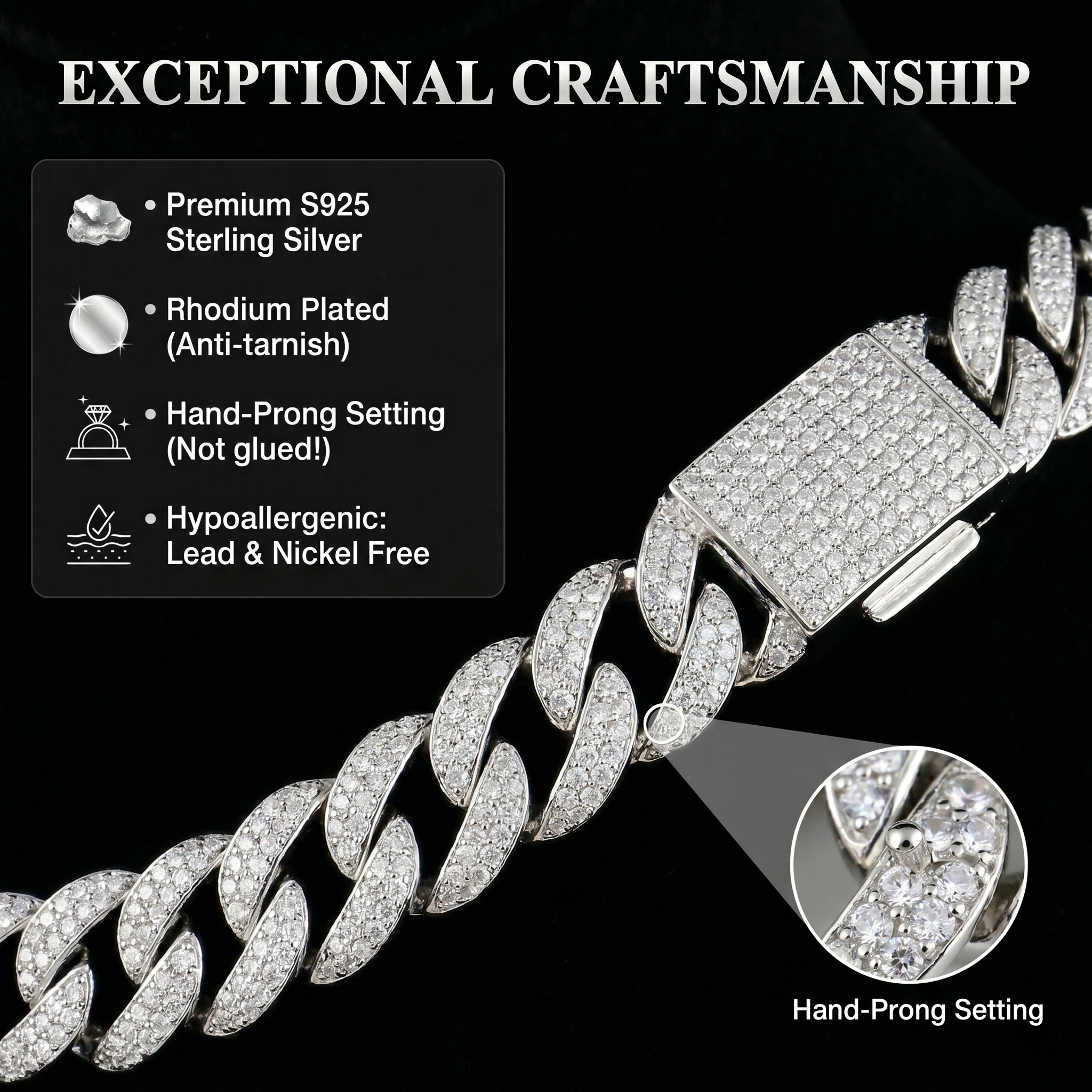 Detailed breakdown of the exceptional craftsmanship behind the 13mm moissanite Cuban chain, highlighting the anti-tarnish rhodium plating and secure hand-prong setting over glue.