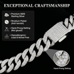 Detailed breakdown of the exceptional craftsmanship behind the 13mm moissanite Cuban chain, highlighting the anti-tarnish rhodium plating and secure hand-prong setting over glue.