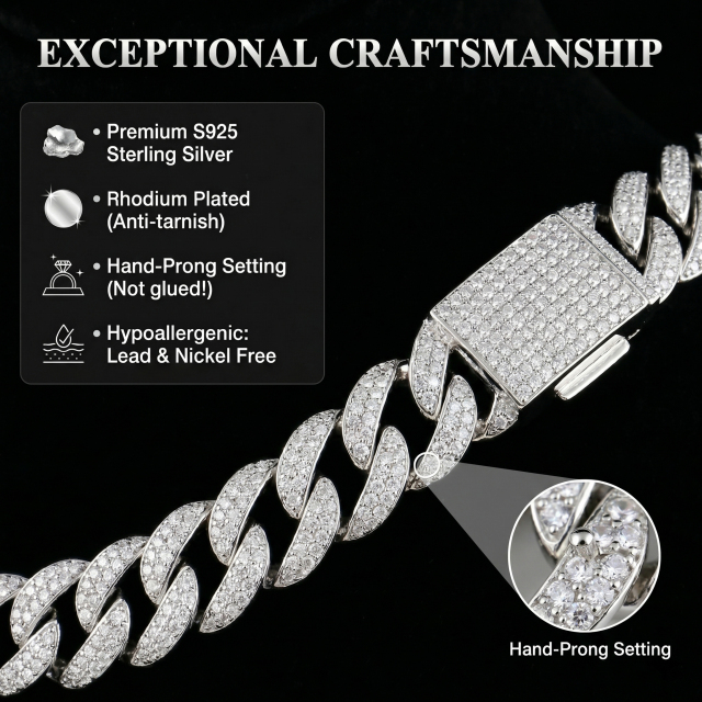 Detailed breakdown of the exceptional craftsmanship behind the 13mm moissanite Cuban chain, highlighting the anti-tarnish rhodium plating and secure hand-prong setting over glue.